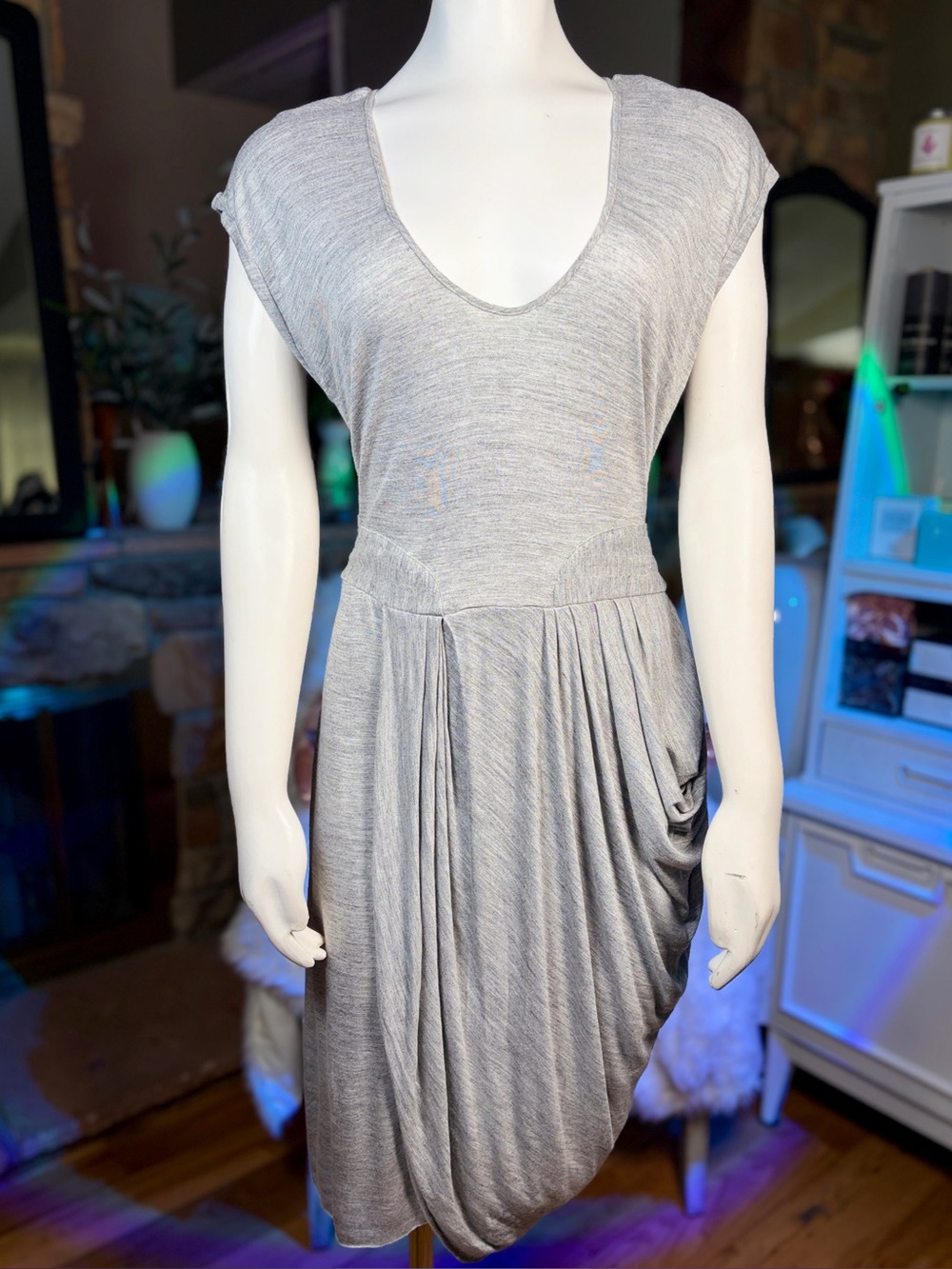 A.L.C. Heather Gray Asymmetrical Draped Cap Sleeve Pullover Dress, Sz L